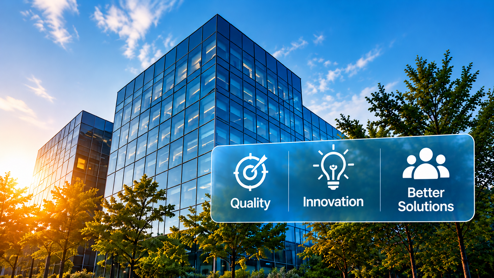 Modern glass office representing quality, innovation and better solutions